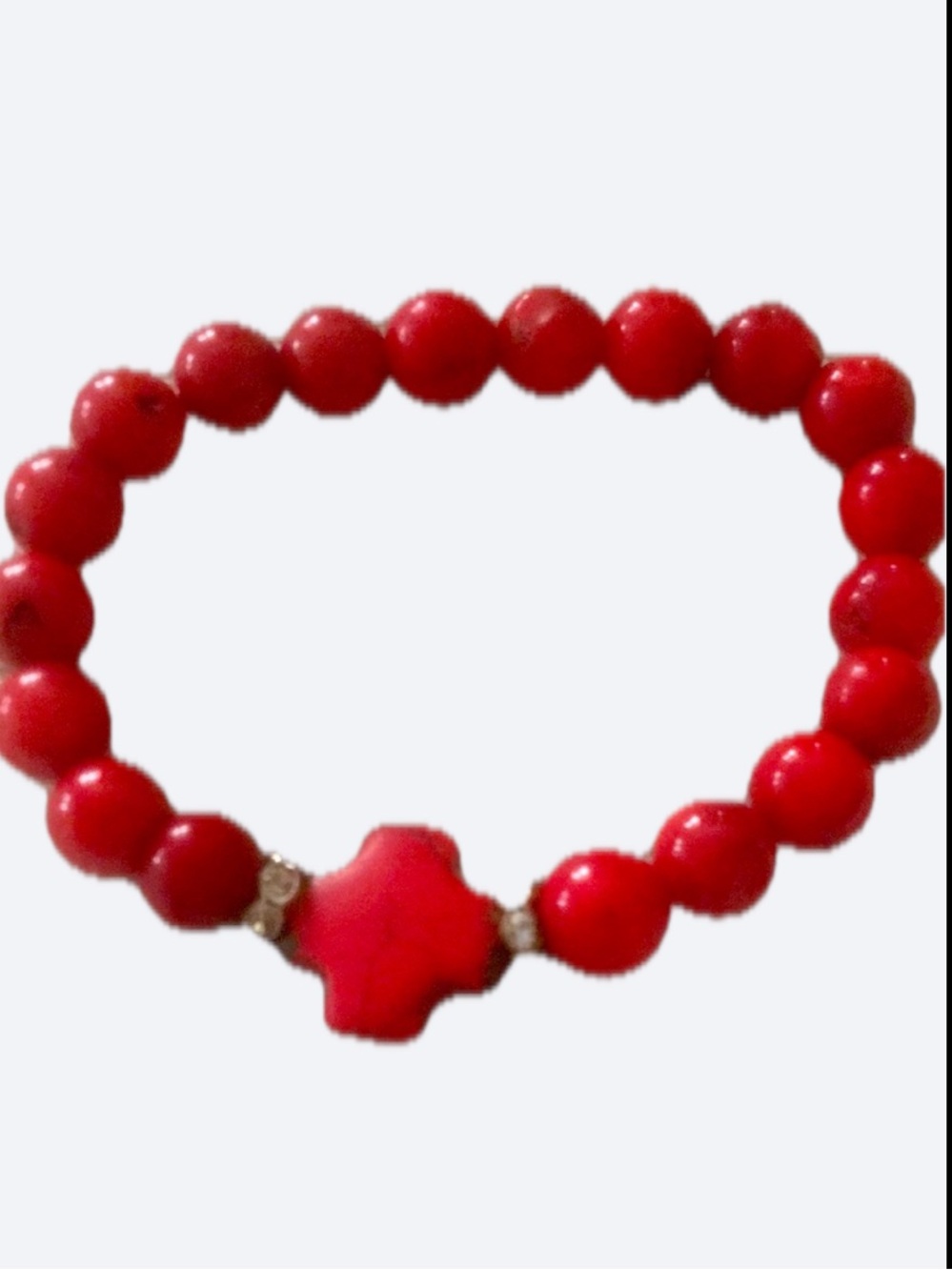 Natural Red Jasper Beaded Cross Bracelet Rhinestone Silver Accent Stretch